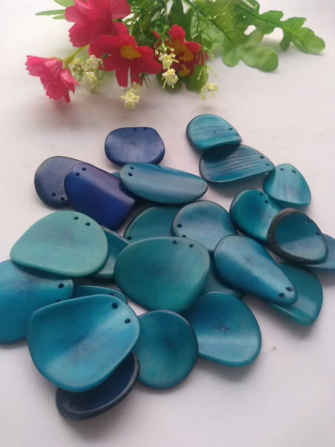 Tagua Chip Slices Beads. 20 Blue Pieces