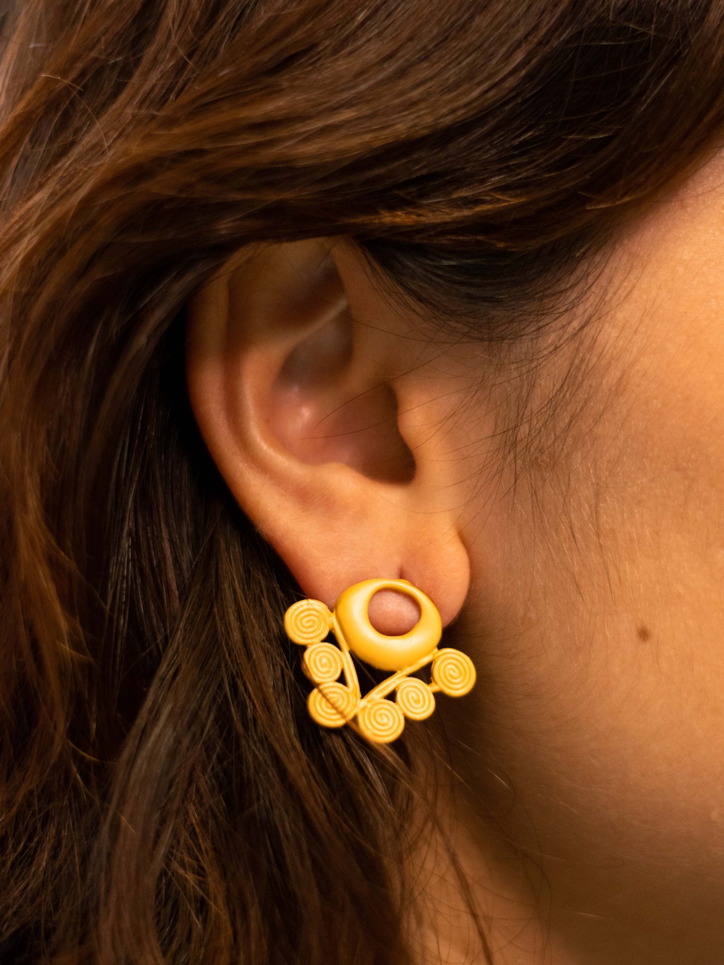 24K Gold Plated Pre-Columbian Muisca Pattern Pendant Earrings.
