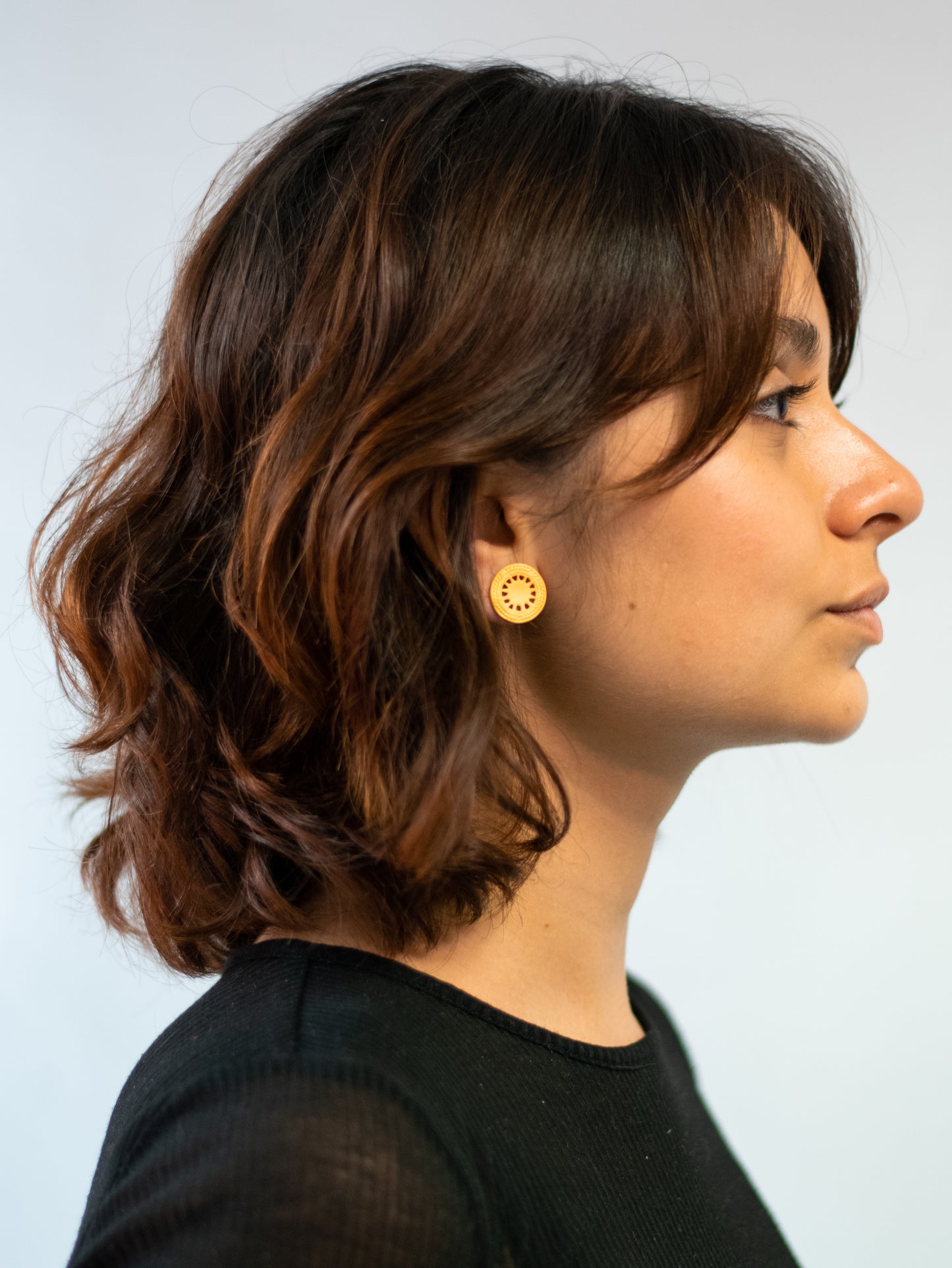 24K Gold Plated Pre-Columbian Muisca Pattern Round Earrings.