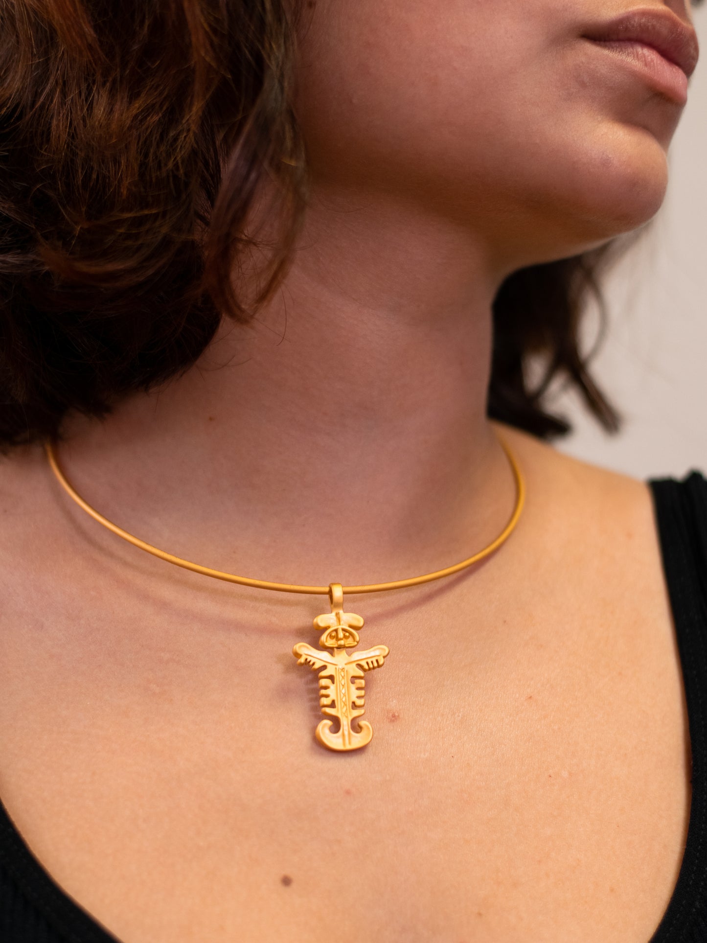 24K Gold Plated Pre-Columbian Muisca Jaguar Man Charm Necklace.