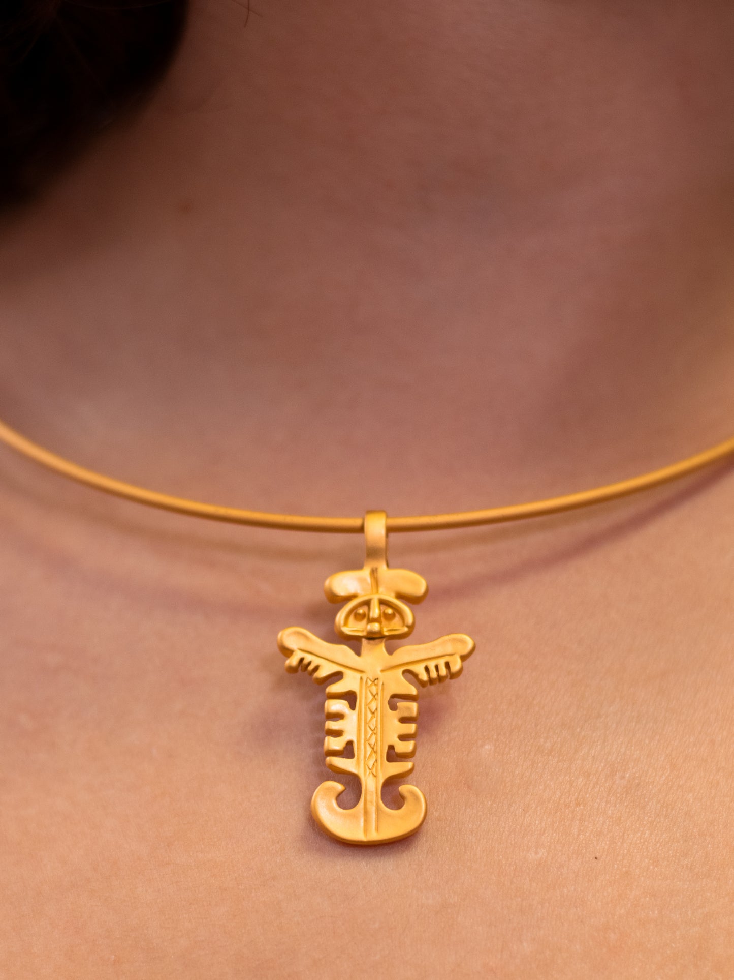 24K Gold Plated Pre-Columbian Muisca Jaguar Man Charm Necklace.