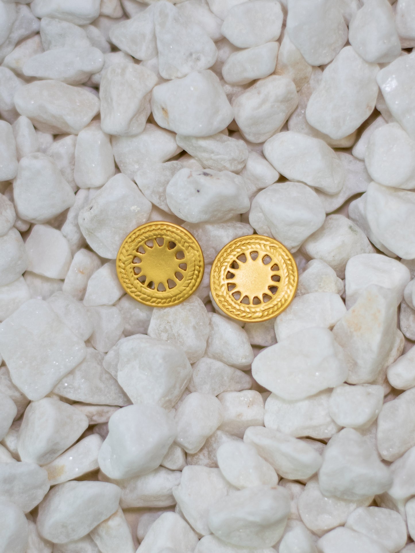 24K Gold Plated Pre-Columbian Muisca Pattern Round Earrings.