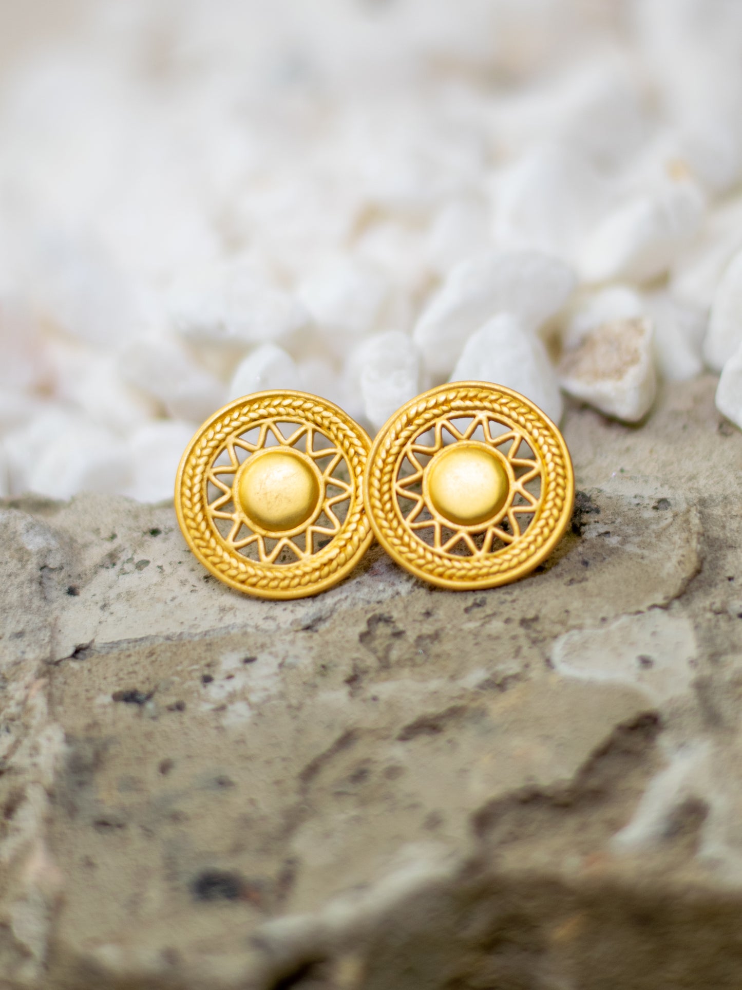 24K Gold Plated Pre-Columbian Muisca Sun Symbol Earrings.