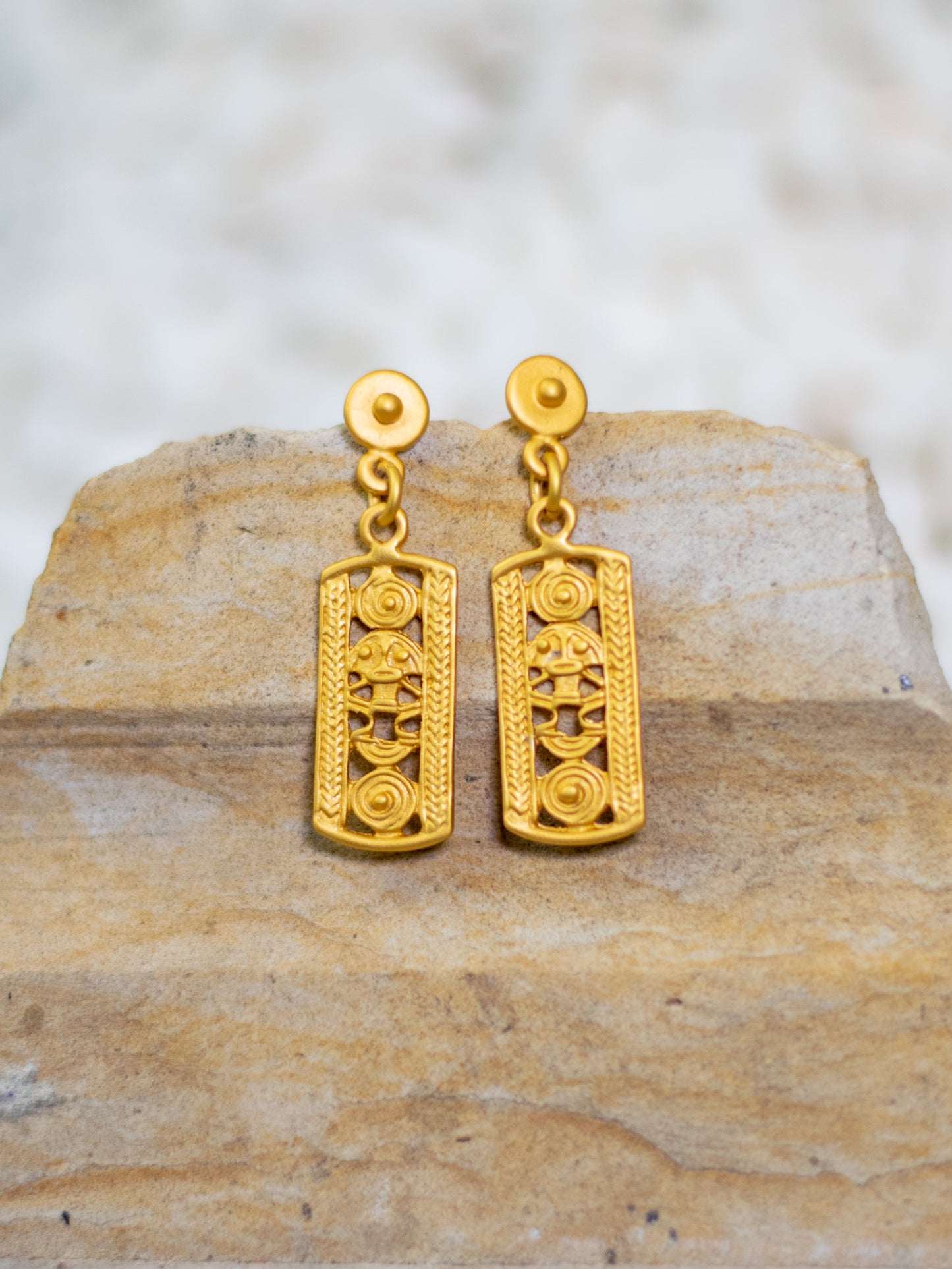 24K Gold Plated Pre-Columbian Muisca Indigenous Symbol Earrings.