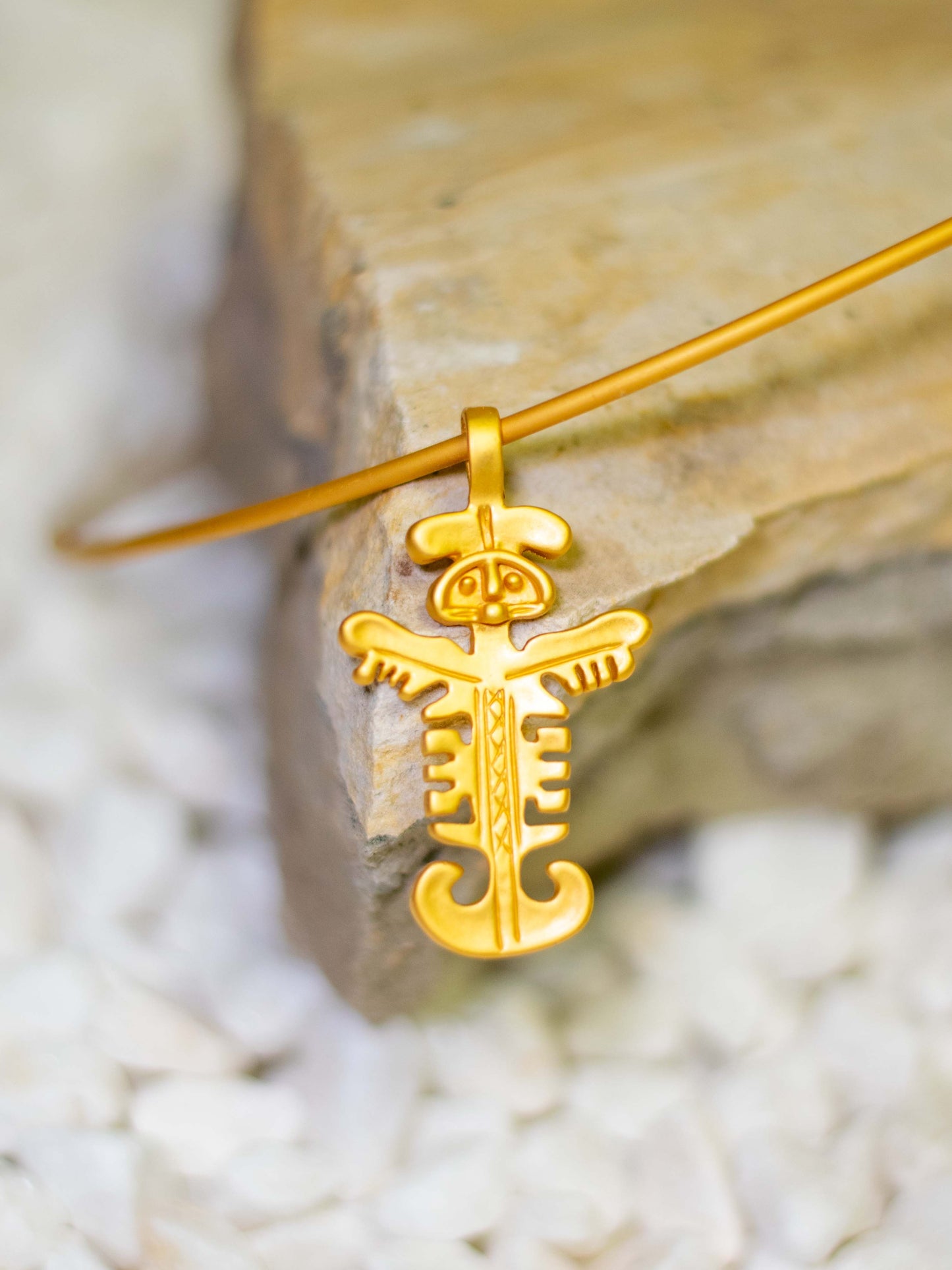 24K Gold Plated Pre-Columbian Muisca Jaguar Man Charm Necklace.