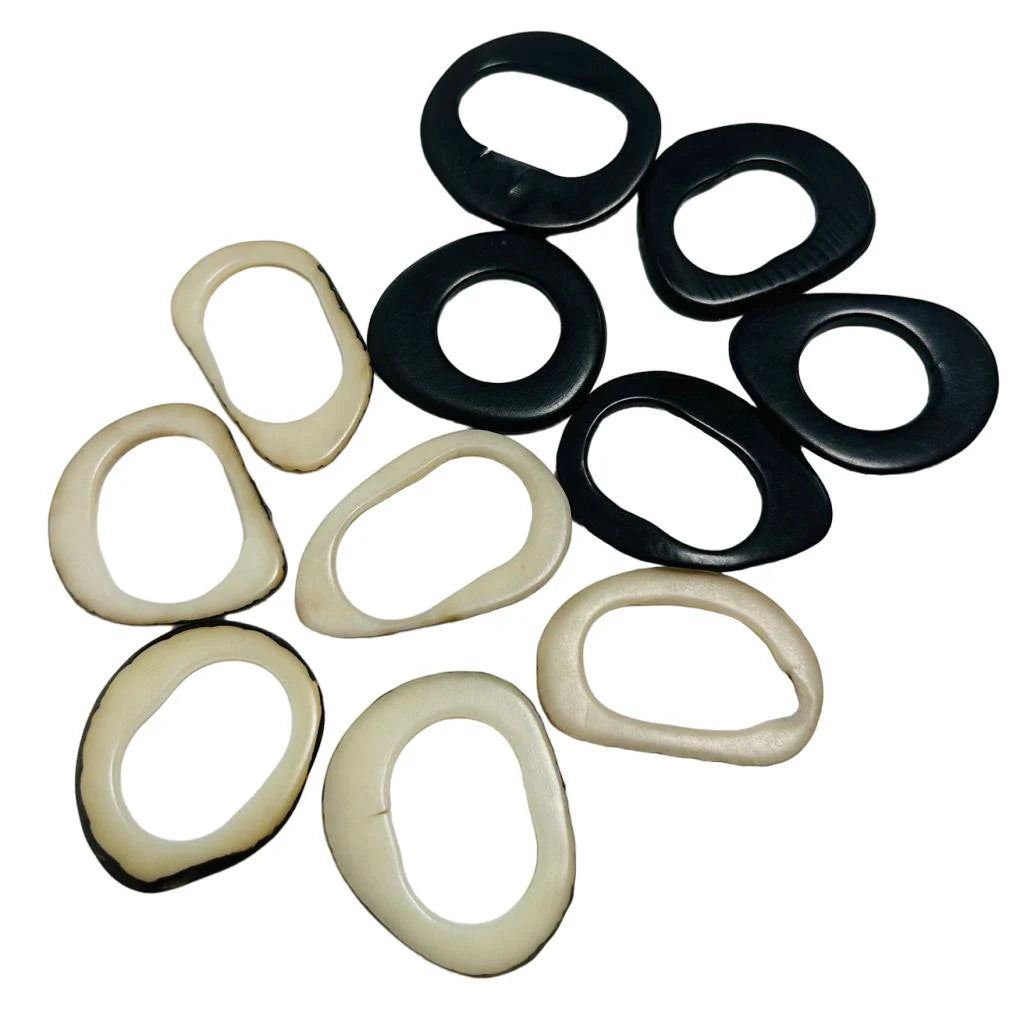 Tagua Hoop Beads. 20 Black and Beige Pieces.