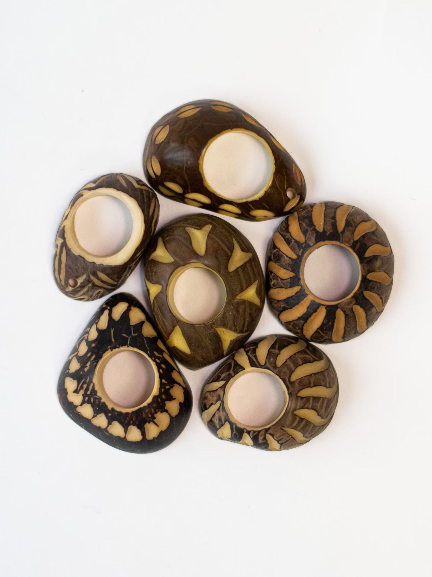 Tagua Thick Hoop Beads. 5 Beige and Brown Carved Pieces.