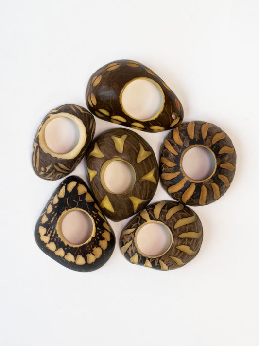 Tagua Thick Hoop Beads. 5 Beige and Brown Carved Pieces.