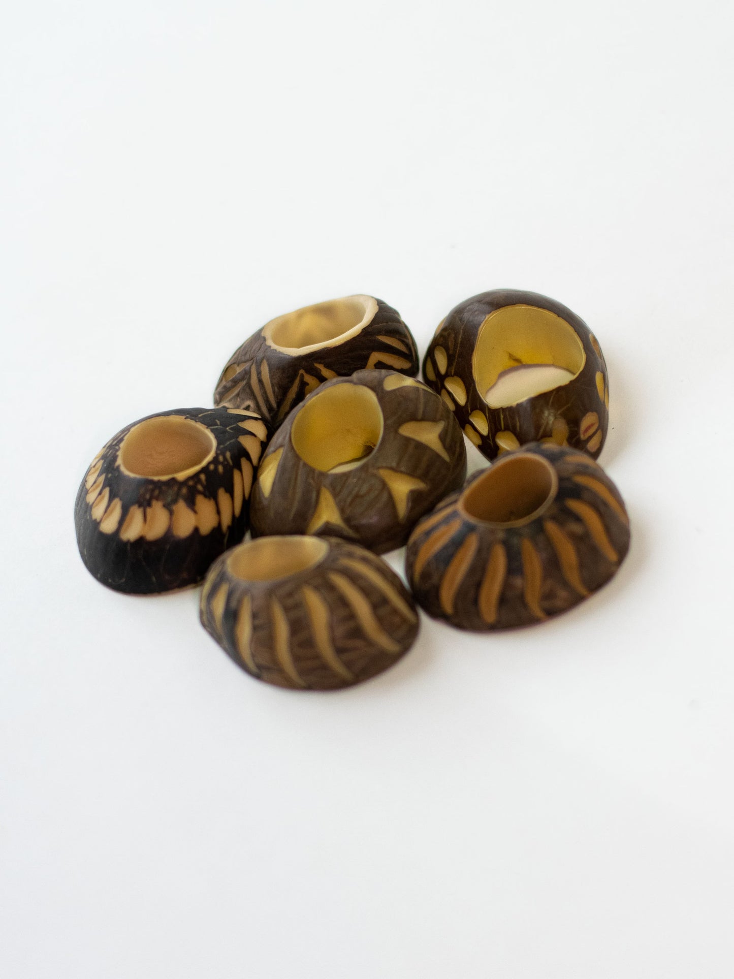 Tagua Thick Hoop Beads. 5 Beige and Brown Carved Pieces.