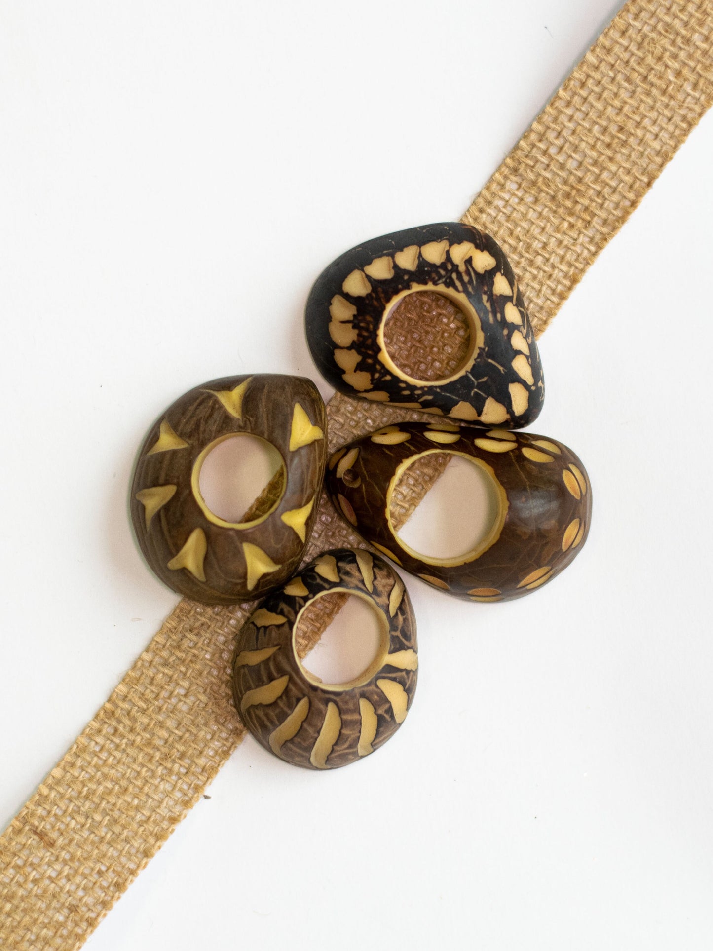 Tagua Thick Hoop Beads. 5 Beige and Brown Carved Pieces.