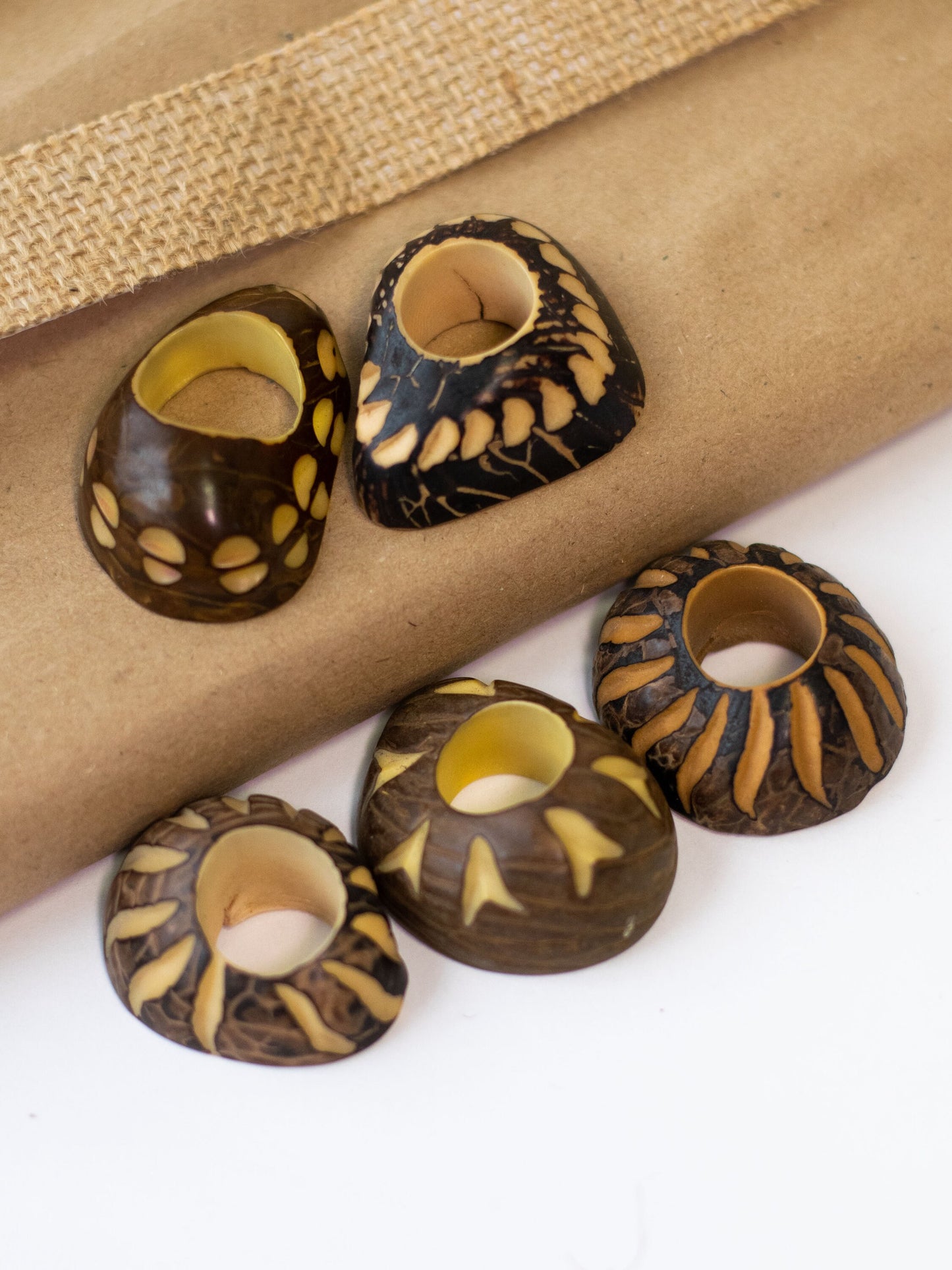 Tagua Thick Hoop Beads. 5 Beige and Brown Carved Pieces.