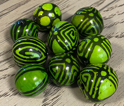 Natural Beads |Bombona Seed Beads| 20 Bombona Balls in Colors Green and Black Patterned. It’s Punctured Straight Through. TBPGreen02