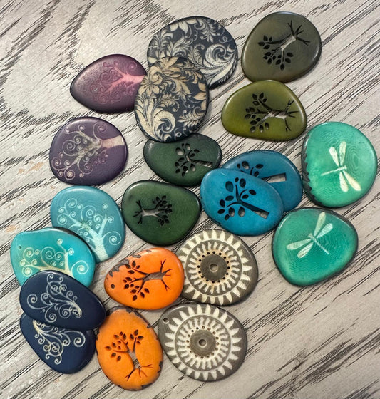 Tagua Slices Beads. 40 Multicolored Engraved Pieces.