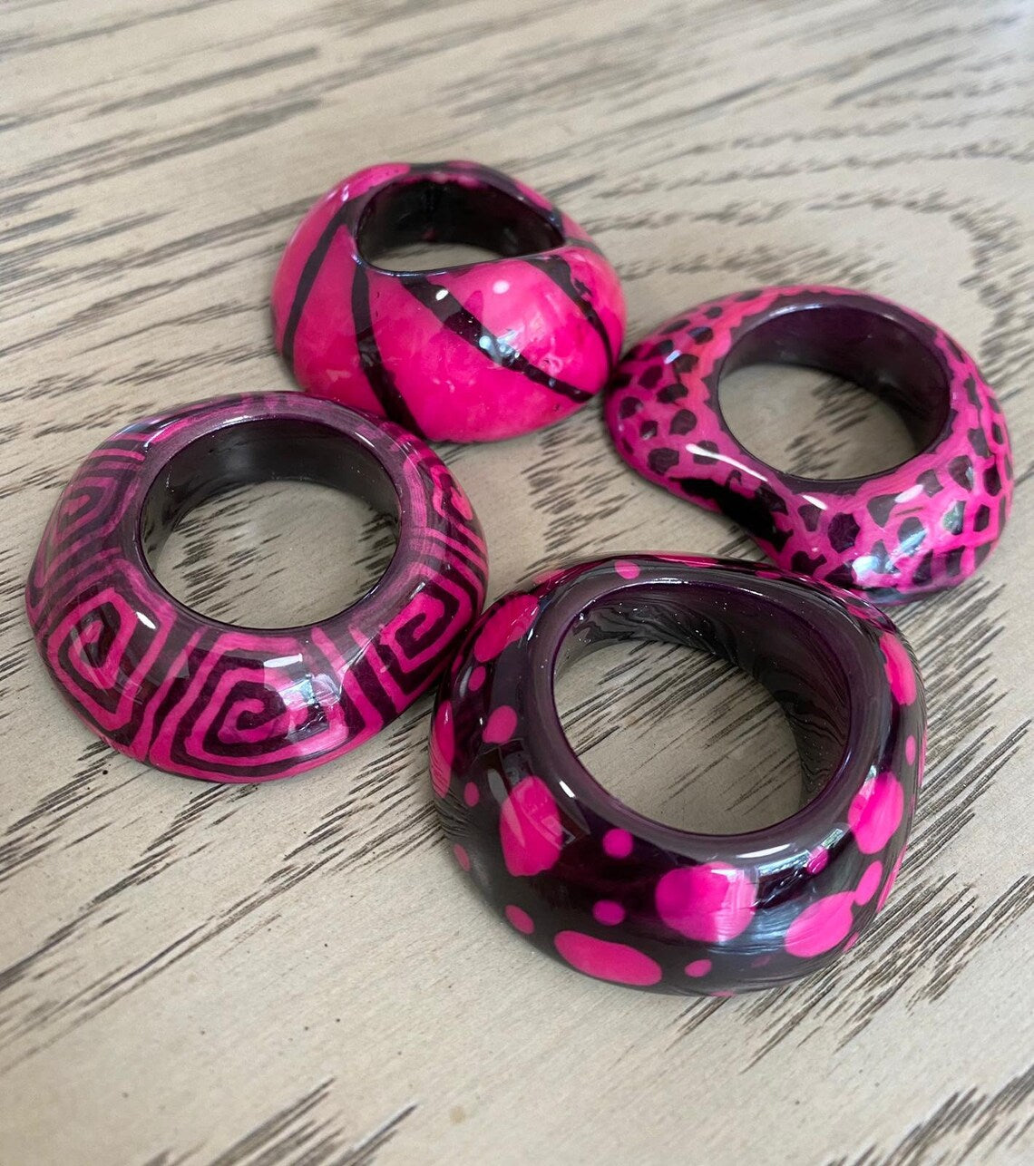 Tagua Thick Hoop Beads. 7 Pink Patterned Pieces.