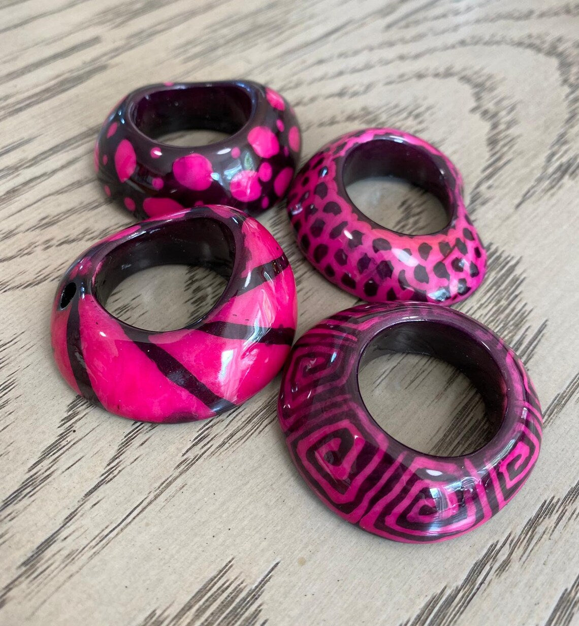 Tagua Thick Hoop Beads. 7 Pink Patterned Pieces.