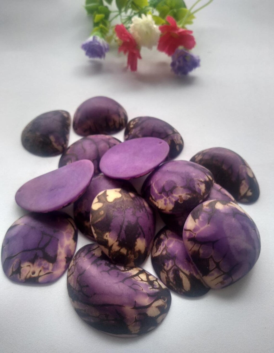 Tagua Half Nut Beads. 15 Purple Pieces