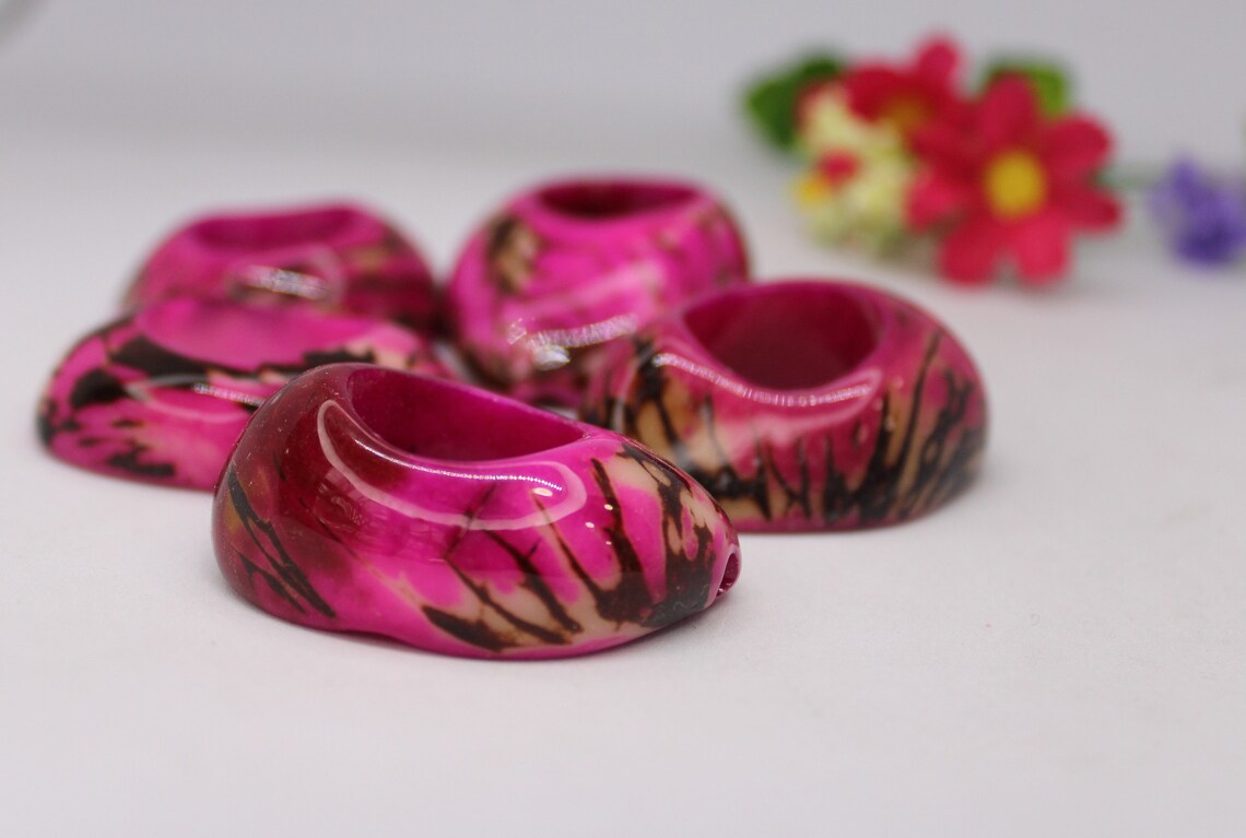 Tagua Thick Hoop Beads. 5 Pink Pieces.