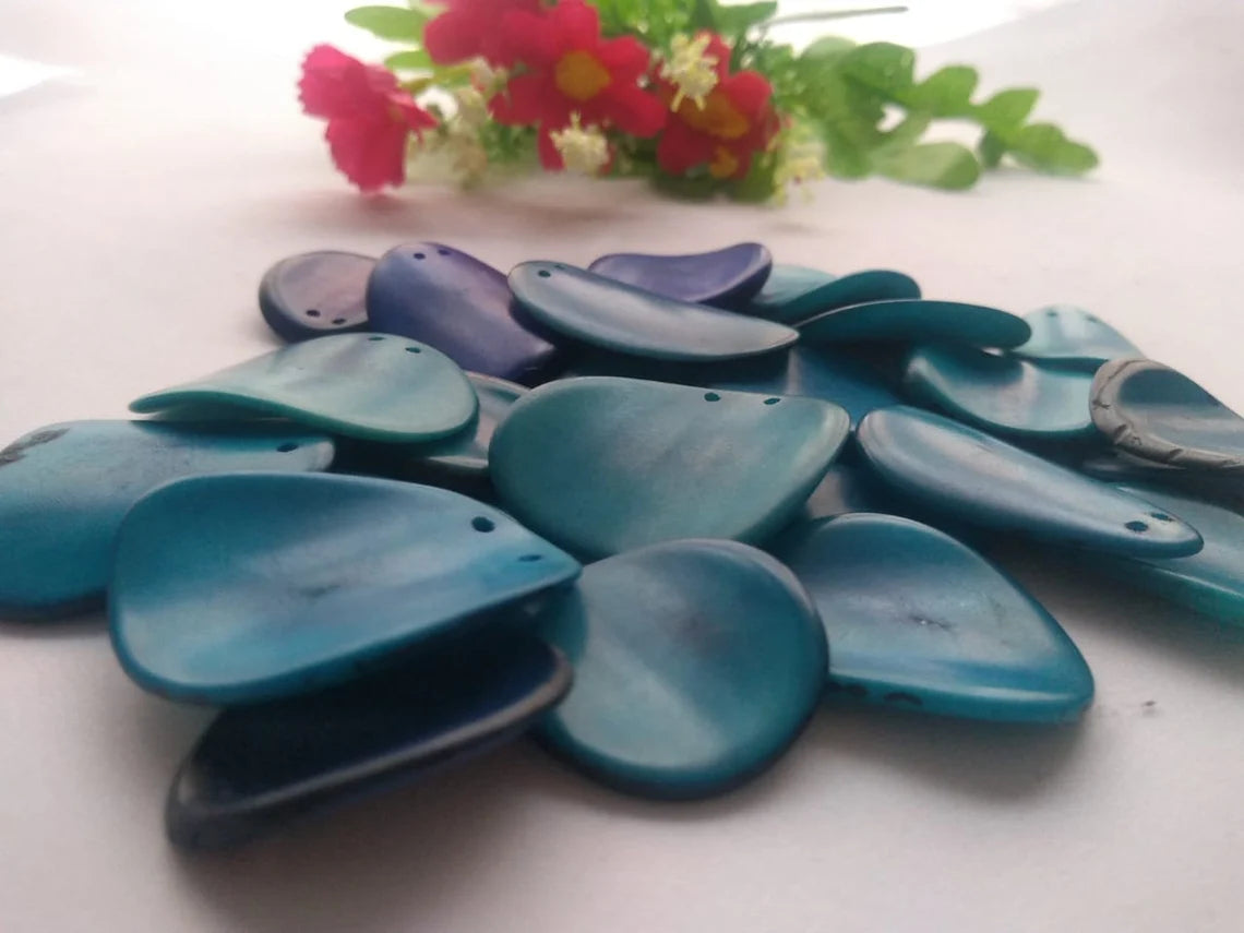 Tagua Chip Slices Beads. 20 Blue Pieces