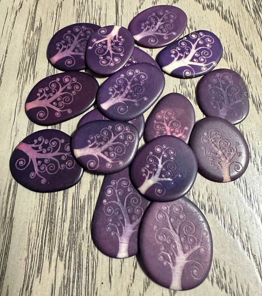 Tagua Slices Beads. 20 Purple Engraved Pieces