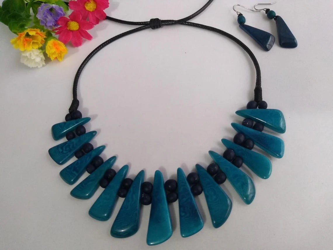 Tagua Necklace and Earrings Set in Blue Color