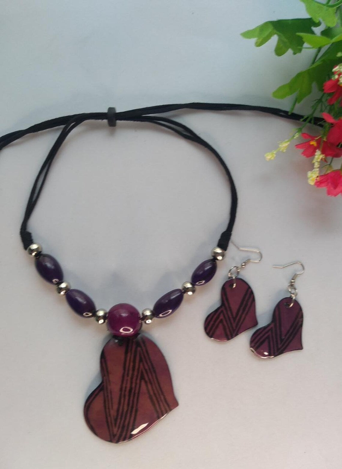 Tagua Pendant Necklace and Earrings Heart Shaped Set in Purple color