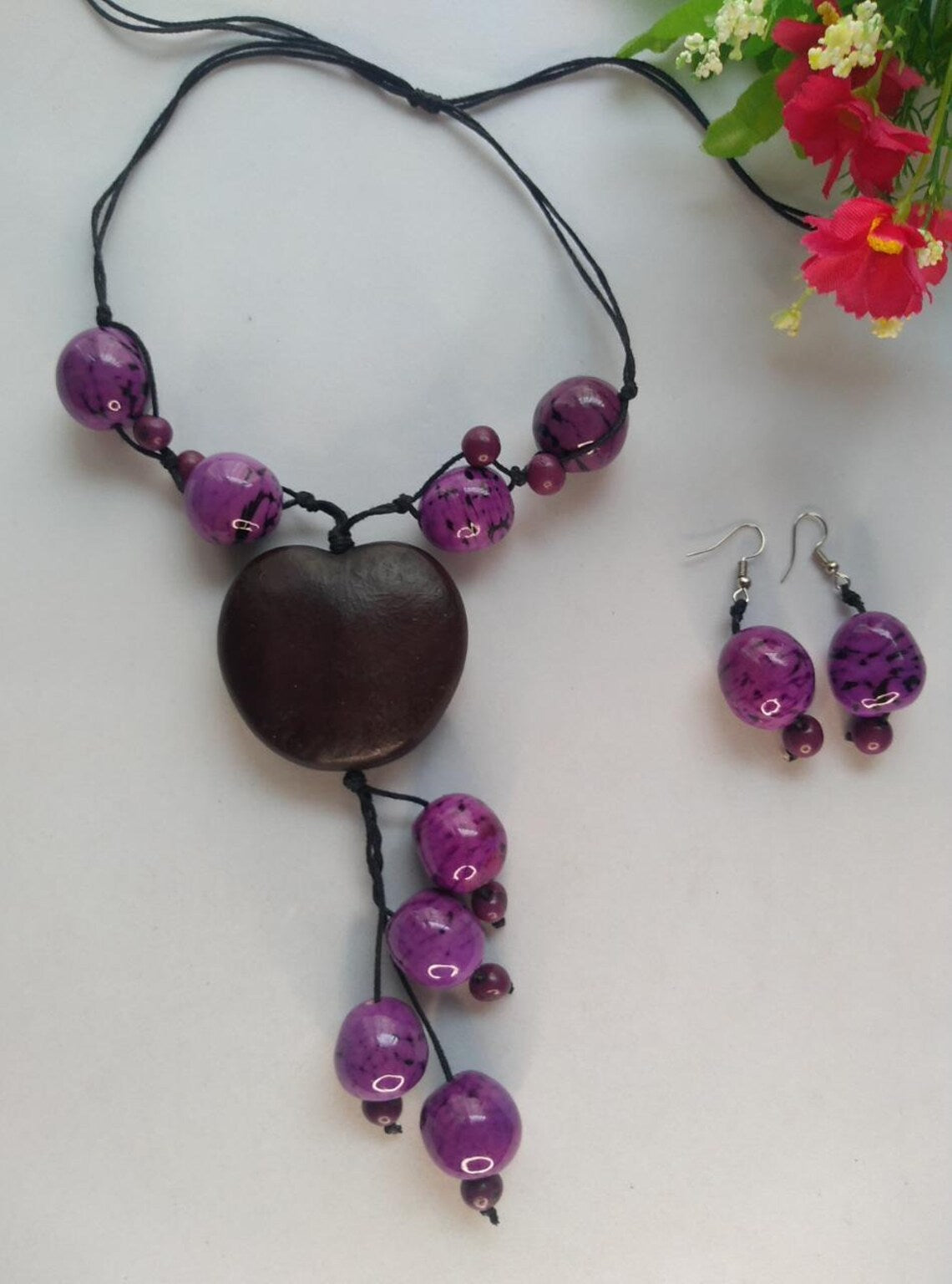 Tagua Pendant Necklace and Earrings Set in Purple Color