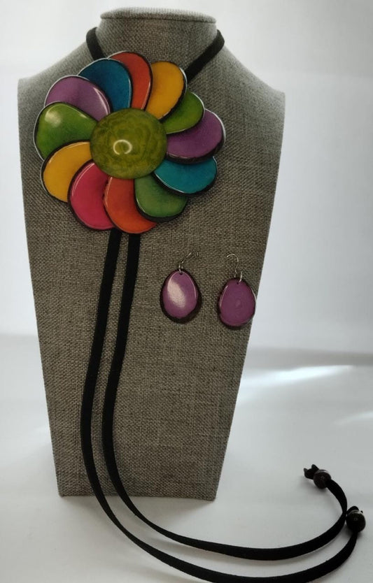 Tagua Pendant Necklace and Earrings Multicolored Flower Shaped Set