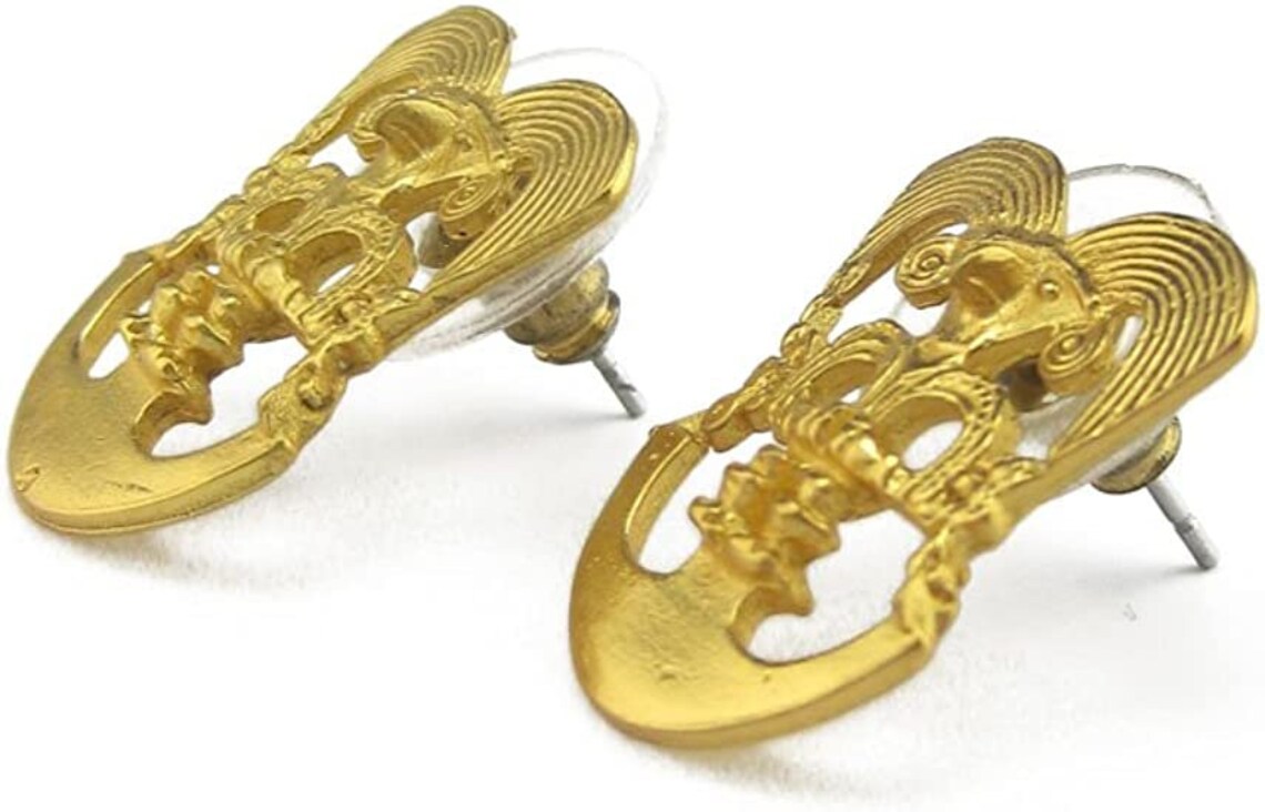 Precolumbian Bird on a Half Moon Stud Earrings. Bird Shaman.