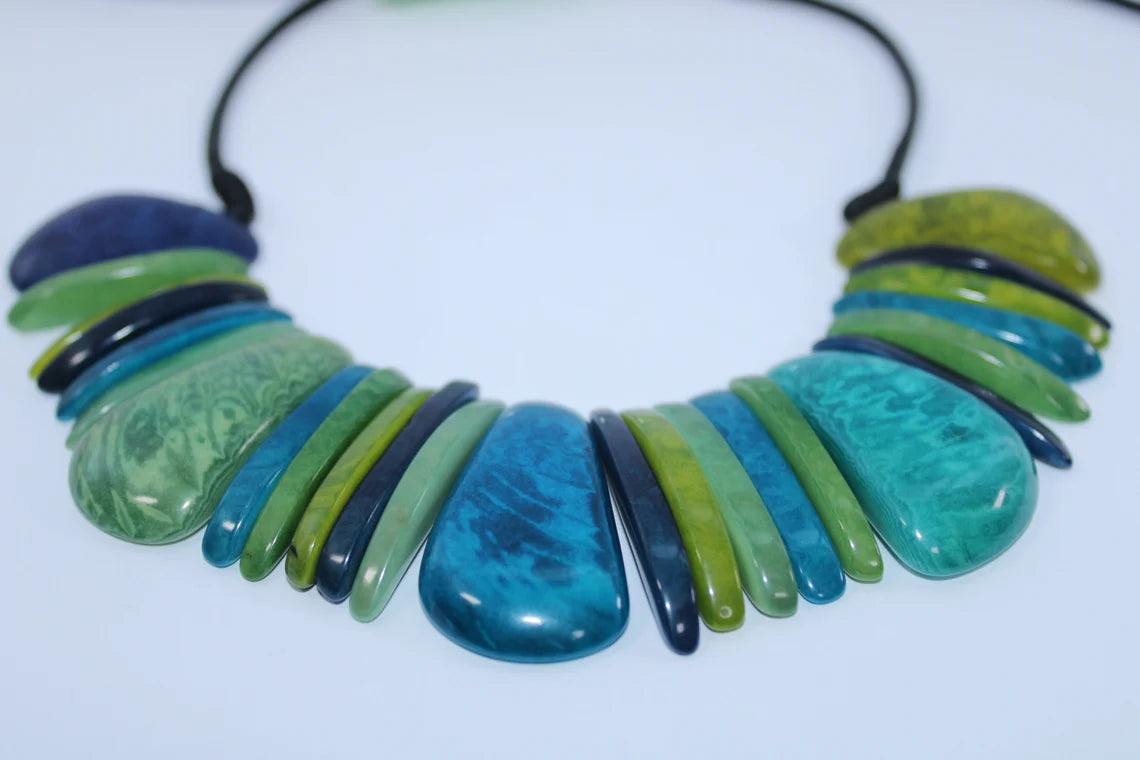 Tagua Necklace and Earrings. Blue and Green Set.