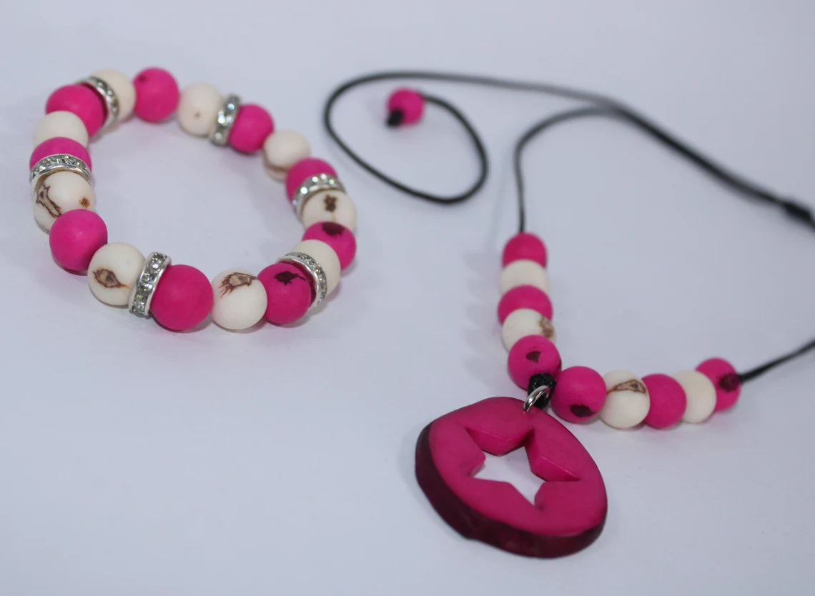 Tagua Pendant Necklace and Earrings Star Cut Set in Pink Color
