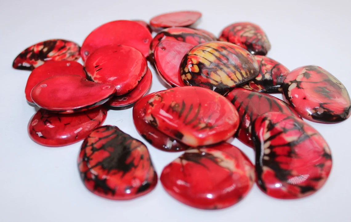Tagua Slices Beads. 22 Red Pieces.