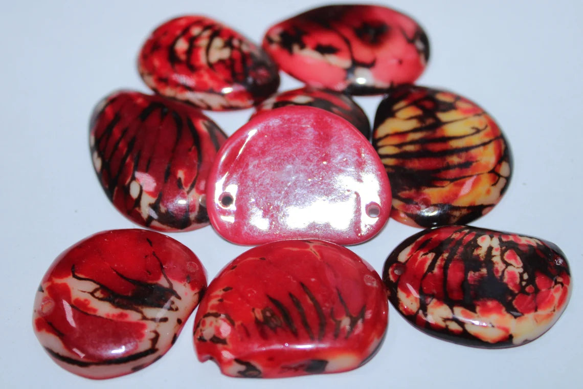 Tagua Slices Beads. 22 Red Pieces.