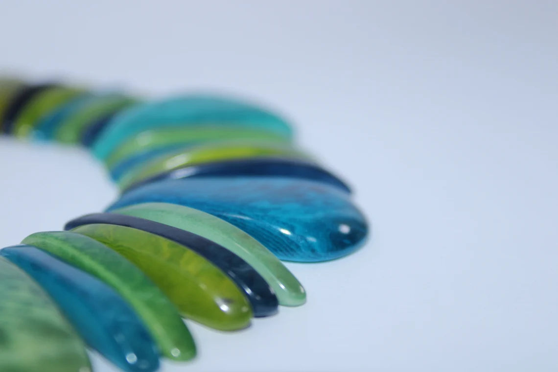 Tagua Necklace and Earrings. Blue and Green Set.