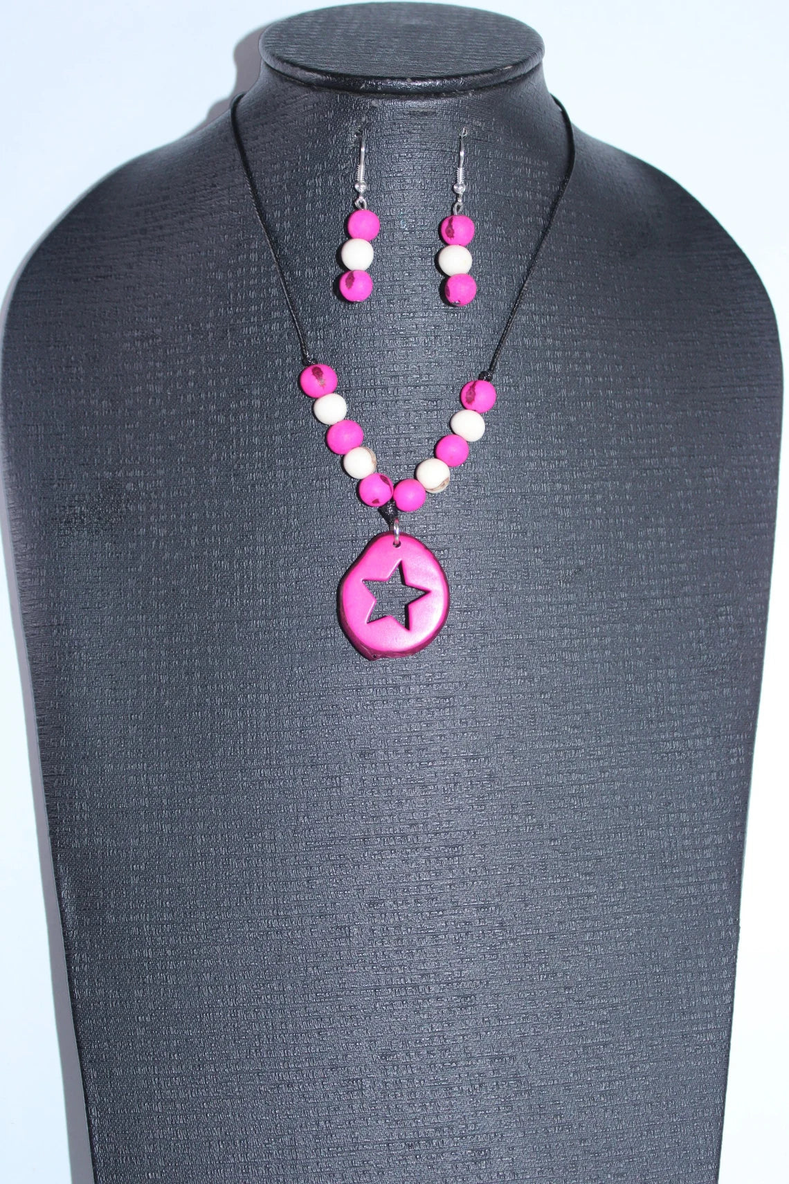 Tagua Pendant Necklace and Earrings Star Cut Set in Pink Color