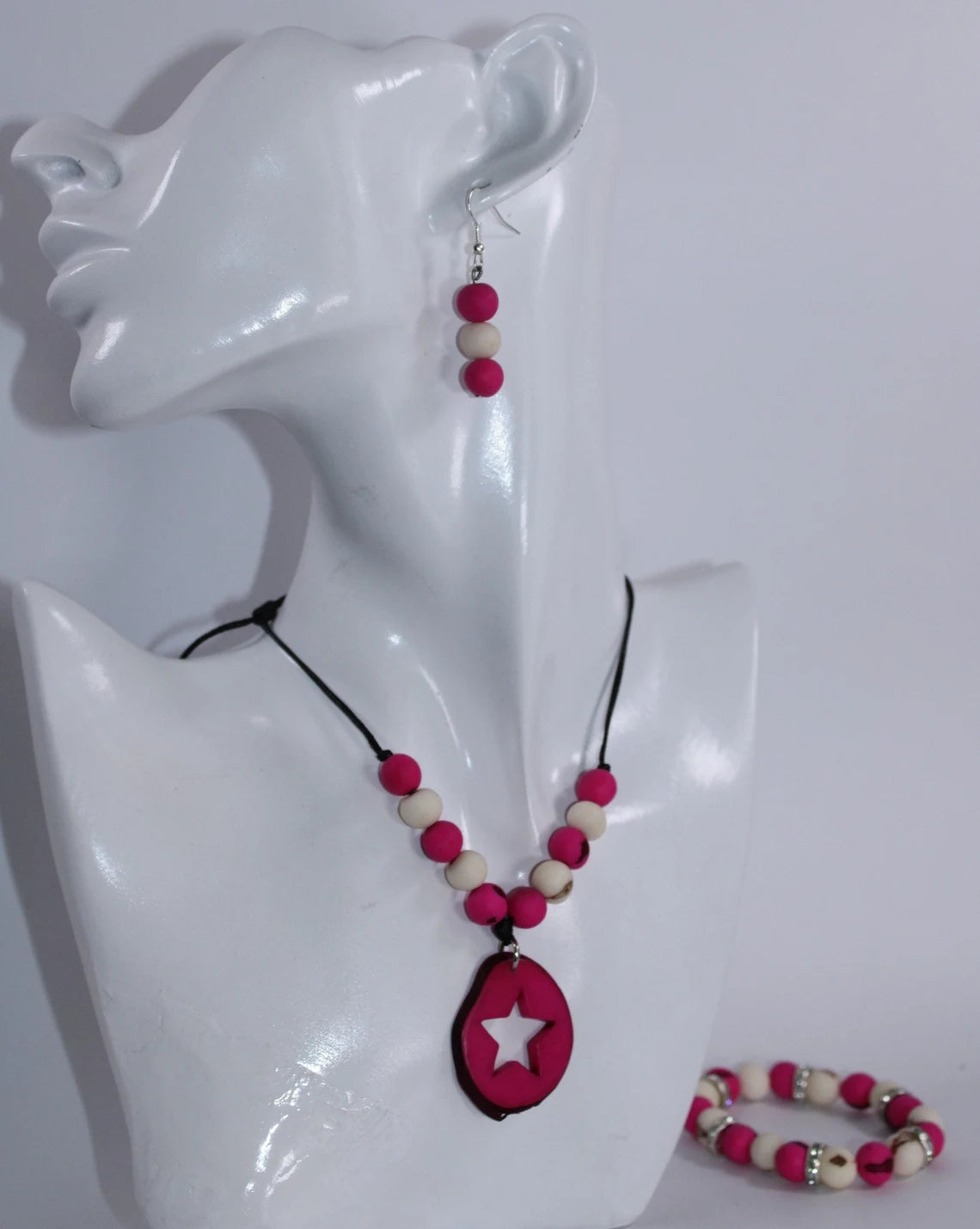 Tagua Pendant Necklace and Earrings Star Cut Set in Pink Color