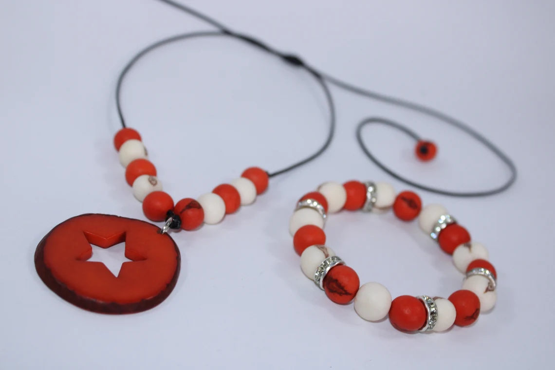 Tagua Pendant Necklace and Earrings Star Cut Set in Orange Color.