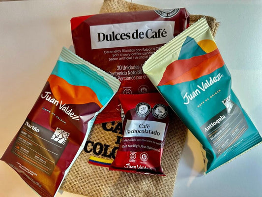 Coffee Gift Set from Colombia. Juan Valdez. 4 Samplers: 2 Ground Coffee Flavors
