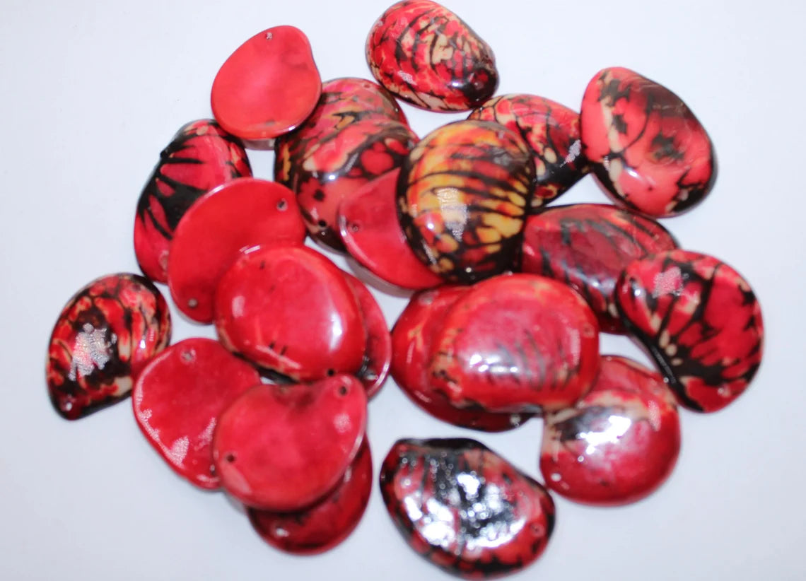 Tagua Slices Beads. 22 Red Pieces.