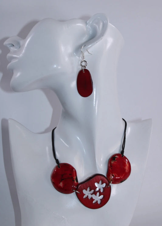 Tagua Pendant Necklace and Earrings Flower Cut Set in Red Color