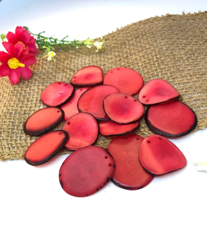 Tagua Slices Beads. 20 Red Pieces