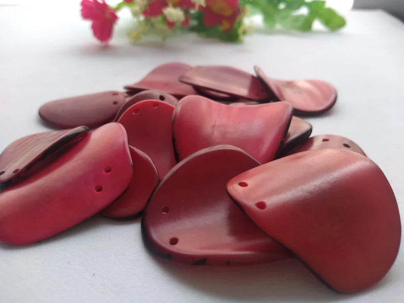 Tagua Chip Slices Beads. 20 Red Pieces