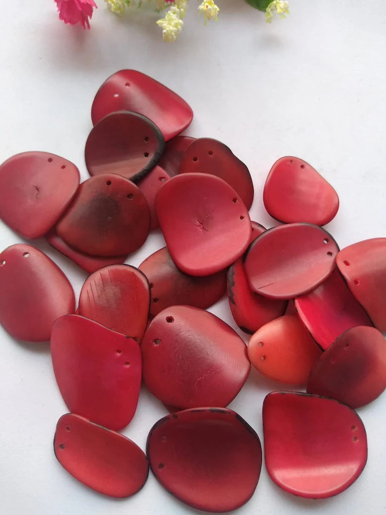 Tagua Chip Slices Beads. 20 Red Pieces