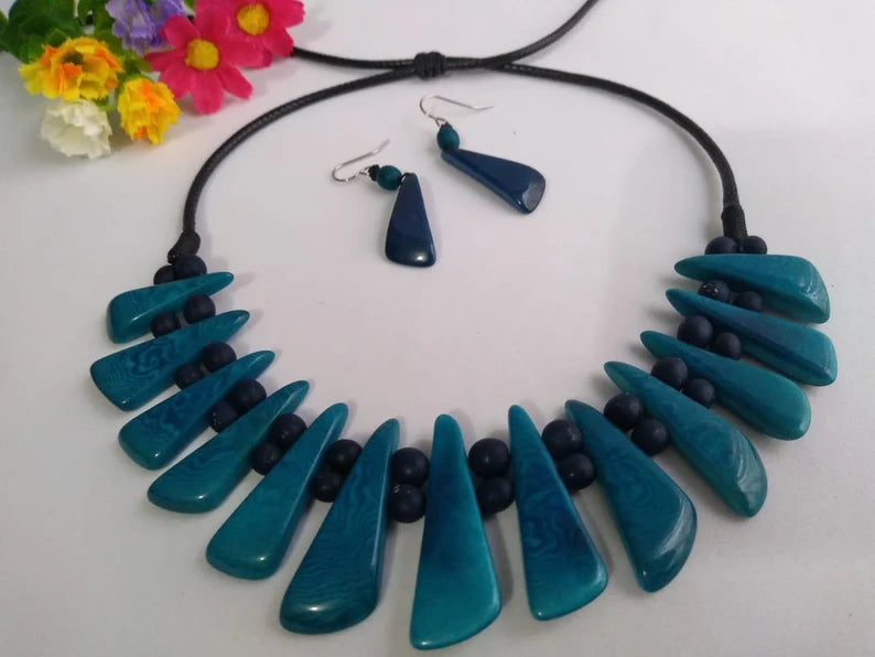 Tagua Necklace and Earrings Set in Blue Color