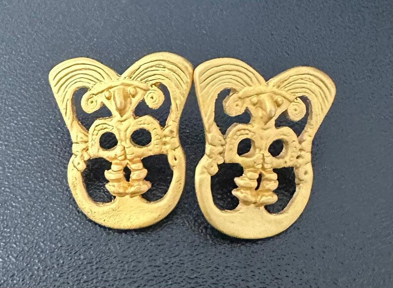 Precolumbian Bird on a Half Moon Stud Earrings. Bird Shaman.