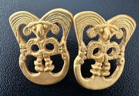 Precolumbian Bird on a Half Moon Stud Earrings. Bird Shaman.