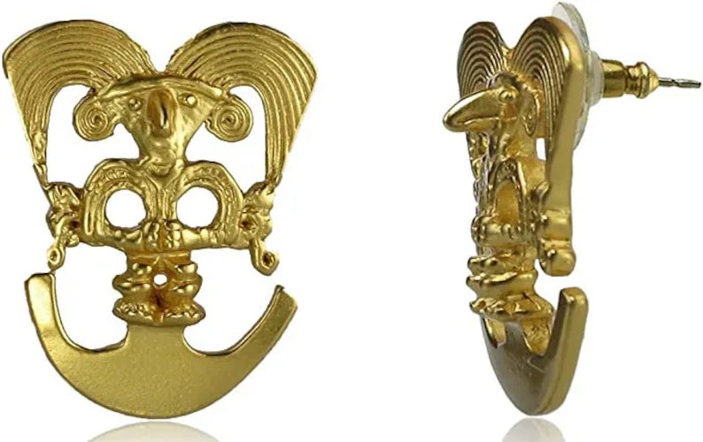 Precolumbian Bird on a Half Moon Stud Earrings. Bird Shaman.