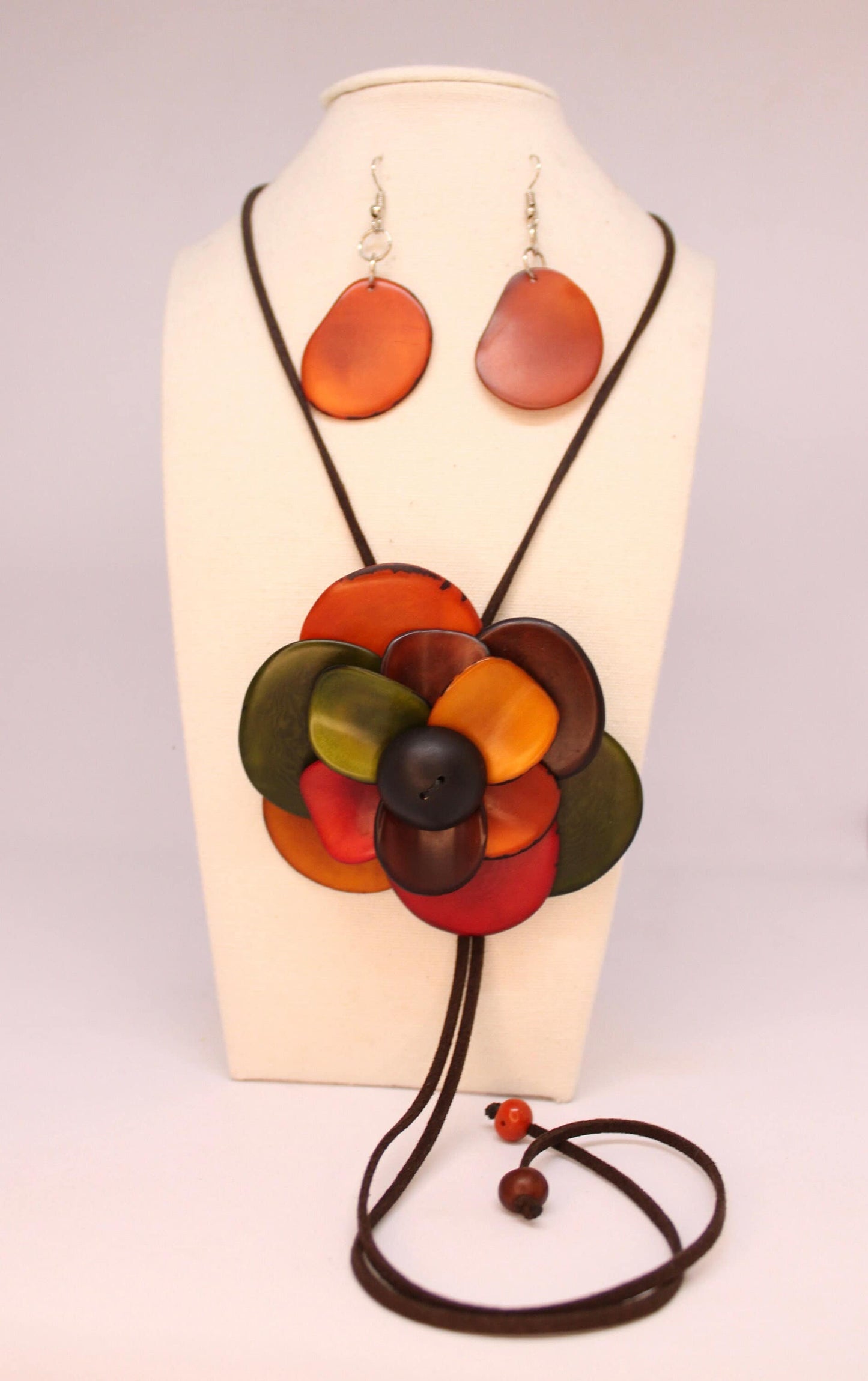 Tagua Handmade Sustainable Jewelry Adjustable Set Flower Pendant Necklace & Earrings Natural Gift for her Eco Tagua Nut Vegan Seed Beads DIY