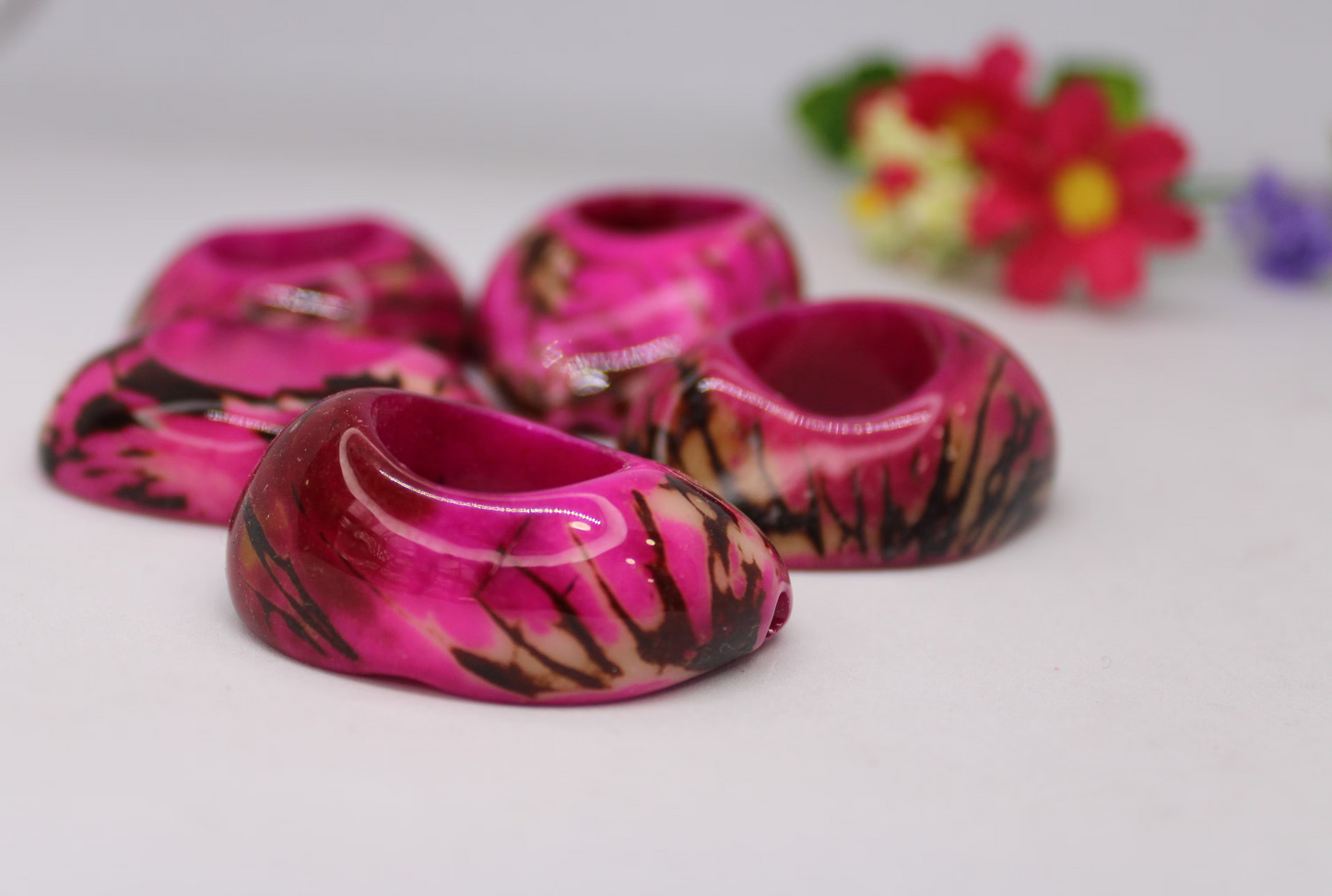 Tagua Hoop Beads. 6 Pink & Black Pieces