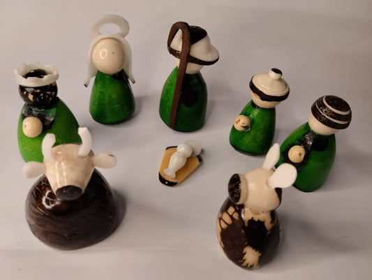Tagua Nativity Set in Green and Beige.