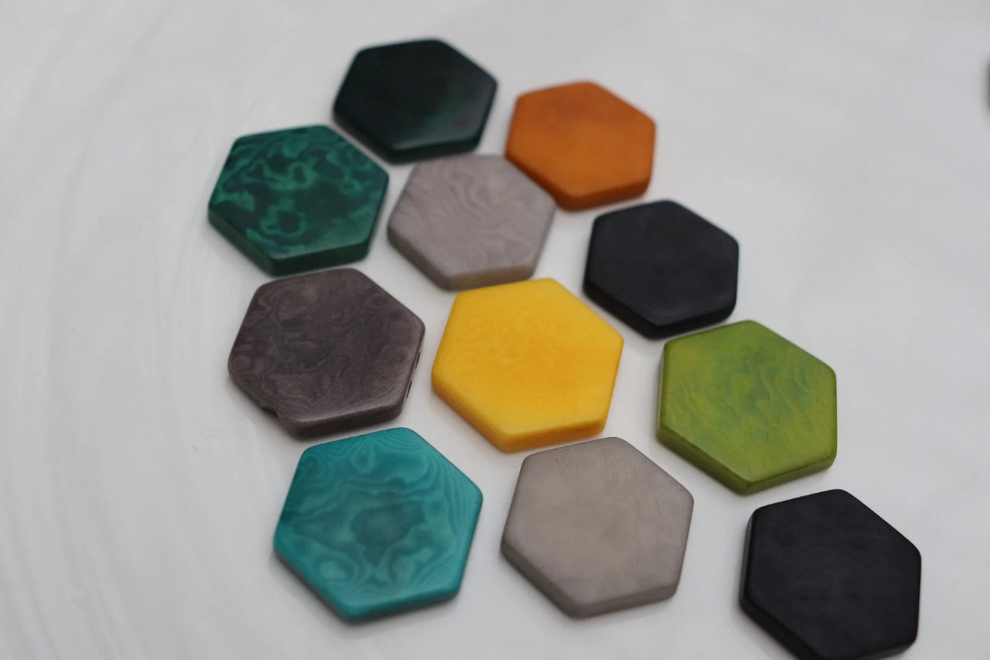 Tagua Hexagonal Beads. 11 Multicolored Pieces